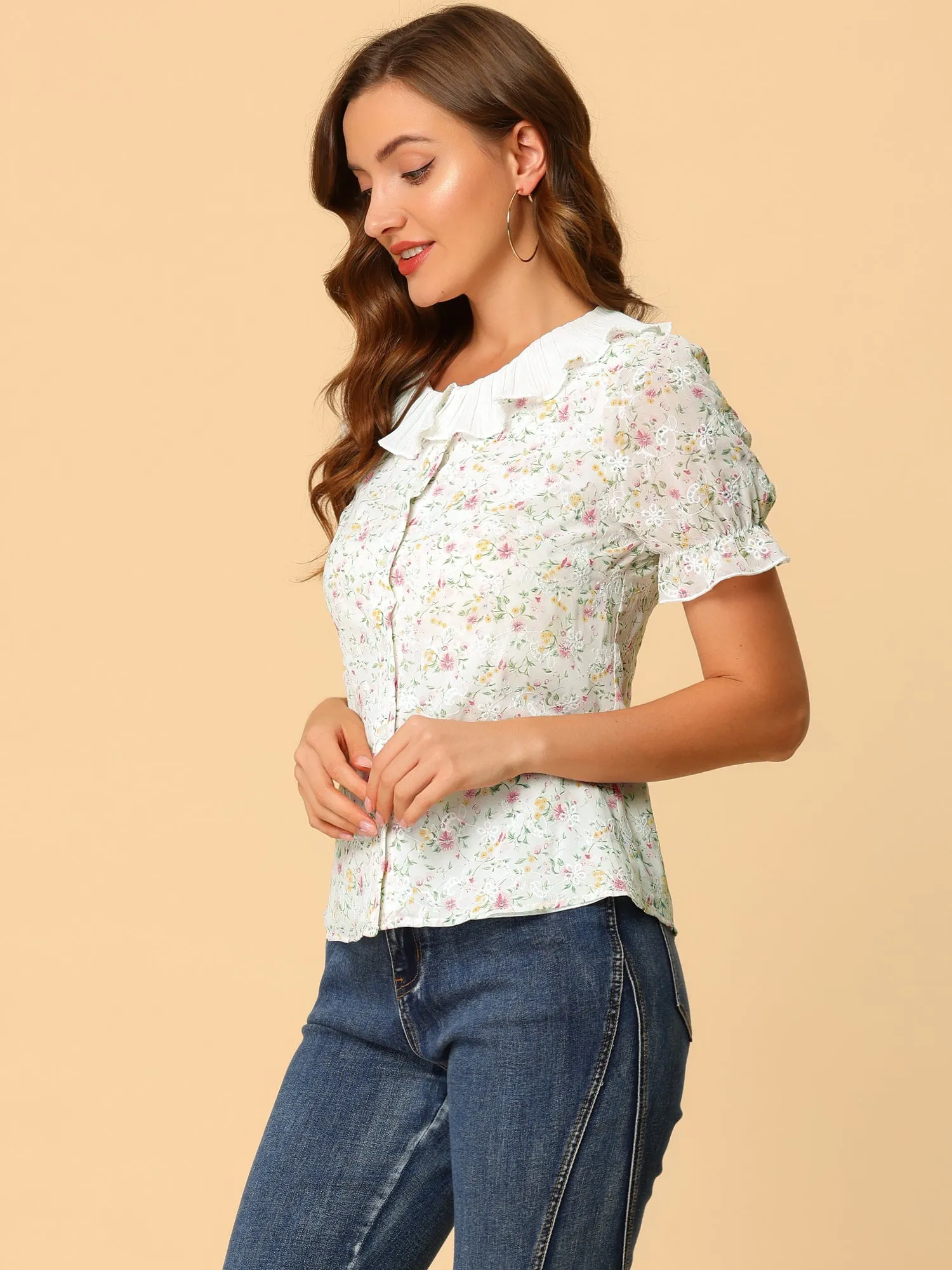 Vintage Floral Blouse Ruffle Collar Puff Sleeve Button Down Shirt Top sold by Allegra K product image thumbnail 5