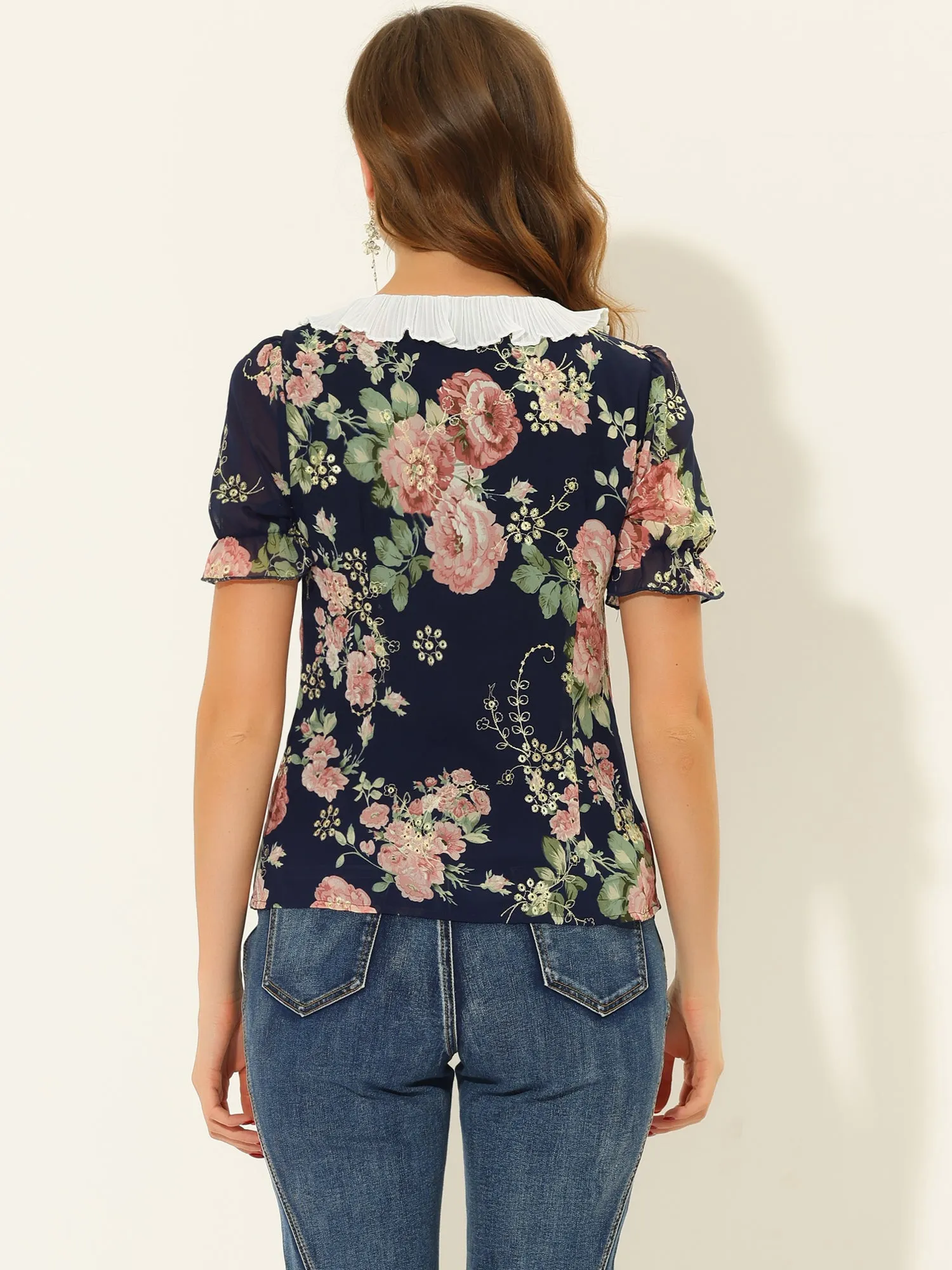 Vintage Floral Blouse Ruffle Collar Puff Sleeve Button Down Shirt Top sold by Allegra K product image thumbnail 3