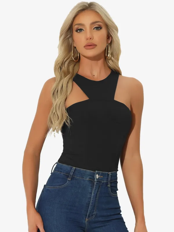 Sleeveless Sexy Bodysuit Asymmetrical Halter Neck Tank Top sold by Allegra K