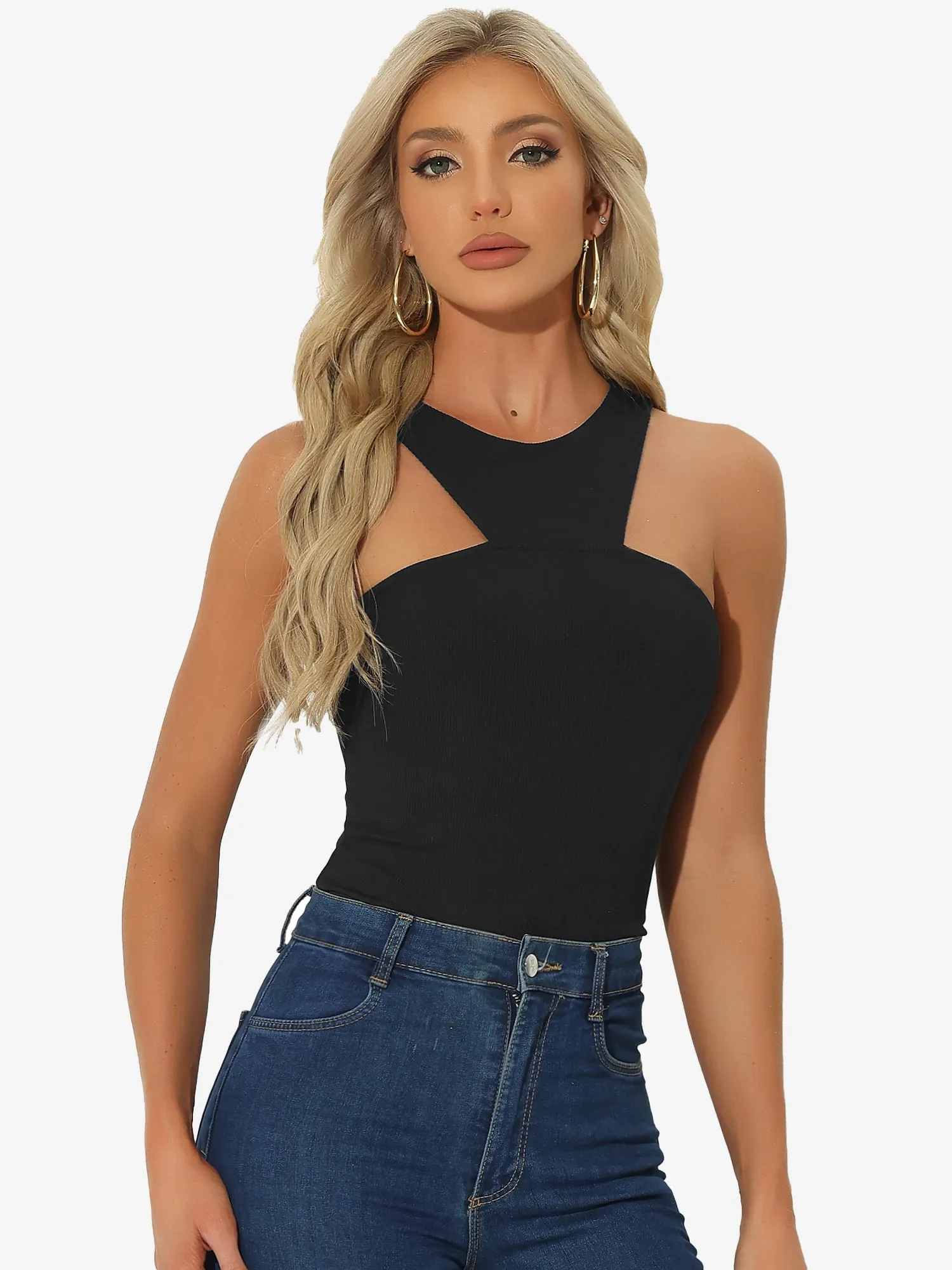 Sleeveless Sexy Bodysuit Asymmetrical Halter Neck Tank Top sold by Allegra K