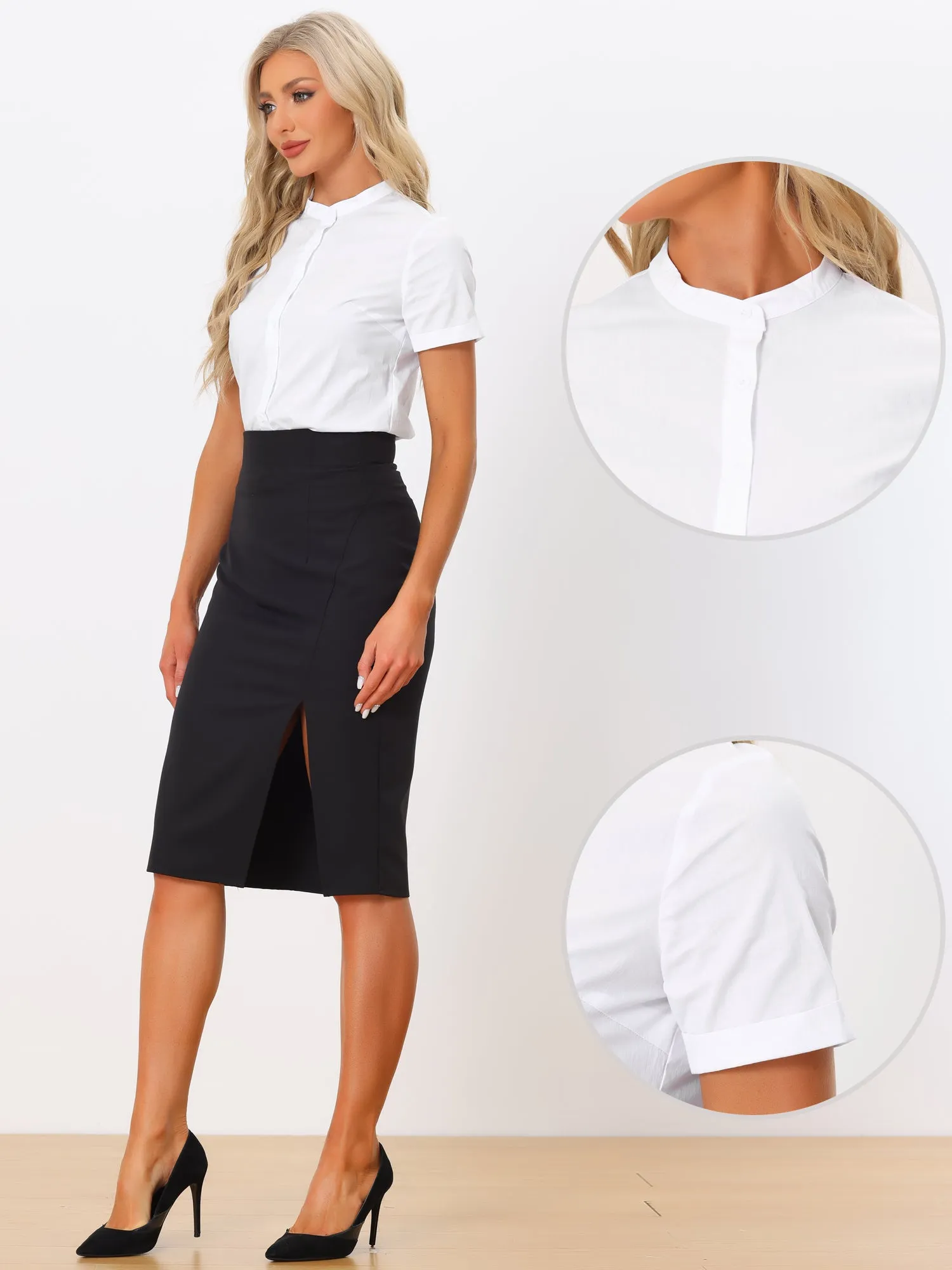 Button Down Stand Collar Short Sleeve Office Work Shirt Bodysuits sold by Allegra K product image thumbnail 2