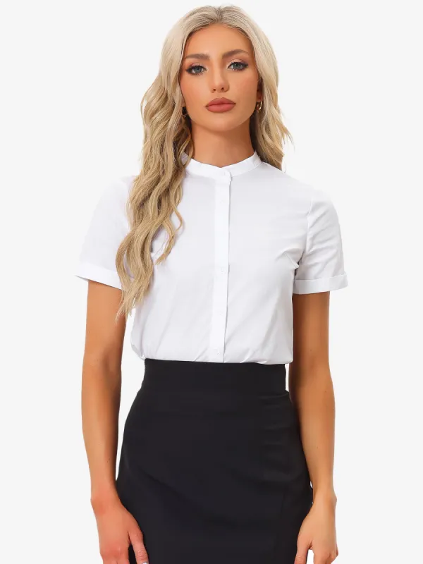 Button Down Stand Collar Short Sleeve Office Work Shirt Bodysuits sold by Allegra K