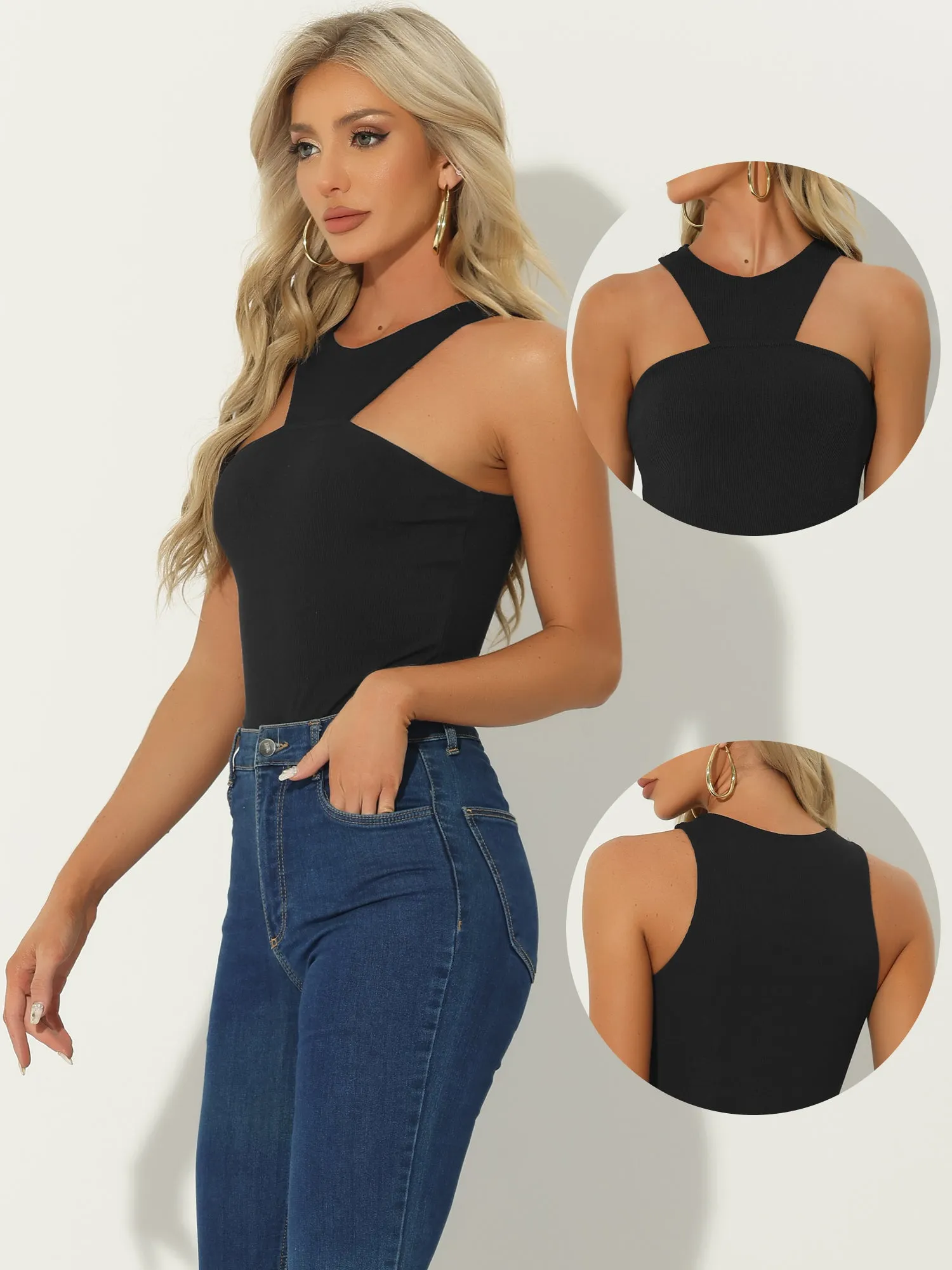 Sleeveless Sexy Bodysuit Asymmetrical Halter Neck Tank Top sold by Allegra K product image thumbnail 2