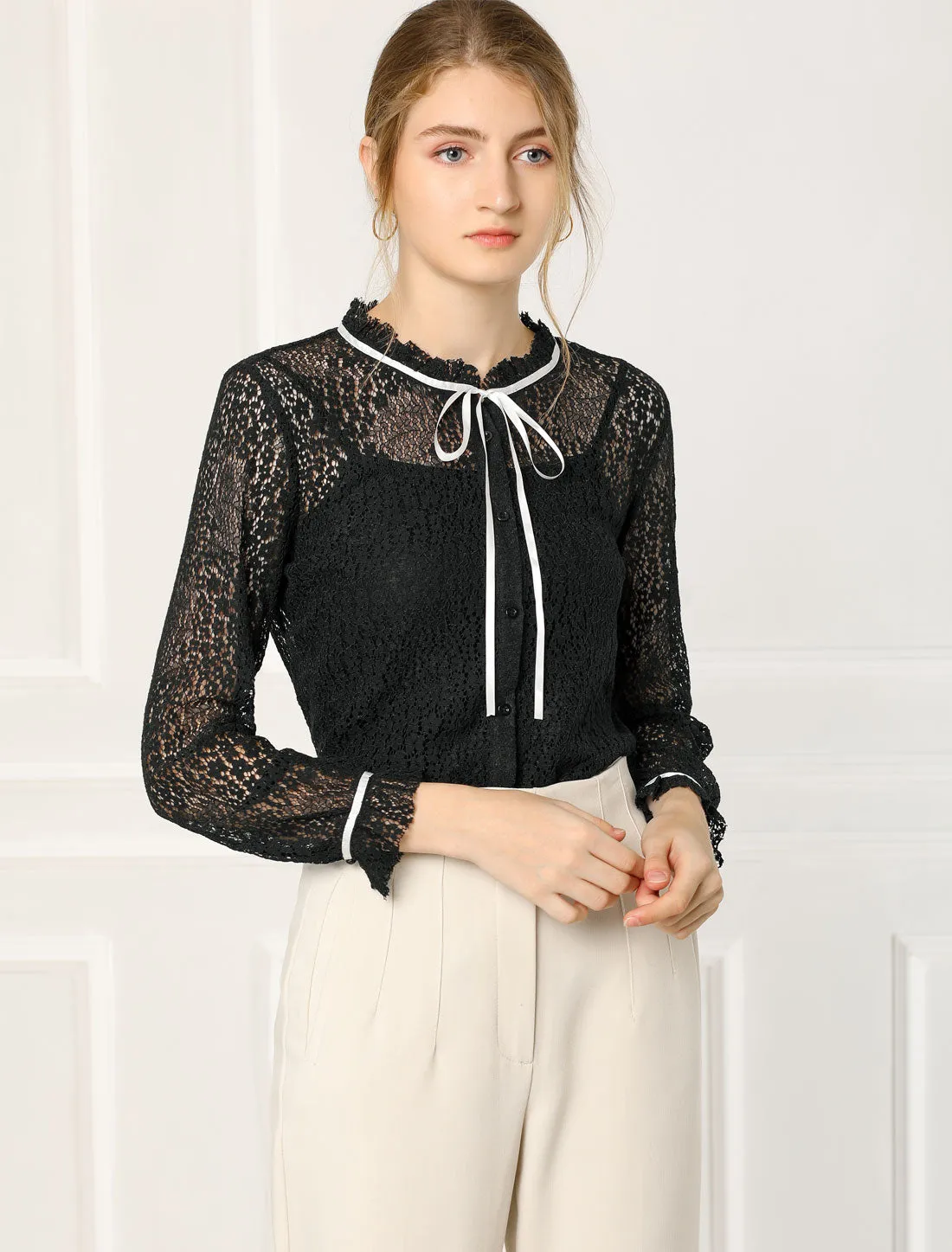 Lace Floral Semi Sheer Long Sleeve Button Down Business Blouse sold by Allegra K product image thumbnail 3