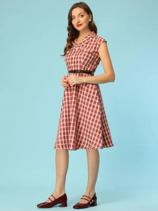 Button Front Retro Cap Sleeve Belted Waist Plaid Dress sold by Allegra K