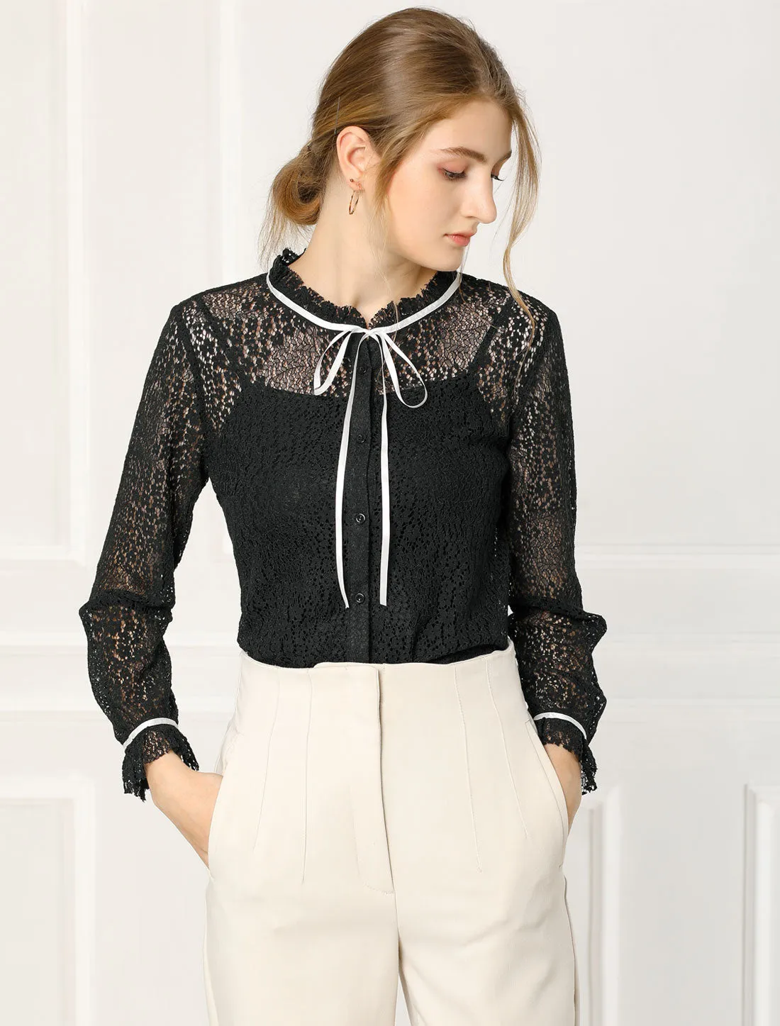 Lace Floral Semi Sheer Long Sleeve Button Down Business Blouse sold by Allegra K product image thumbnail 2