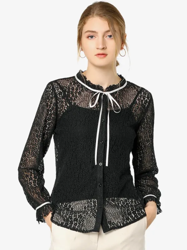 Lace Floral Semi Sheer Long Sleeve Button Down Business Blouse sold by Allegra K