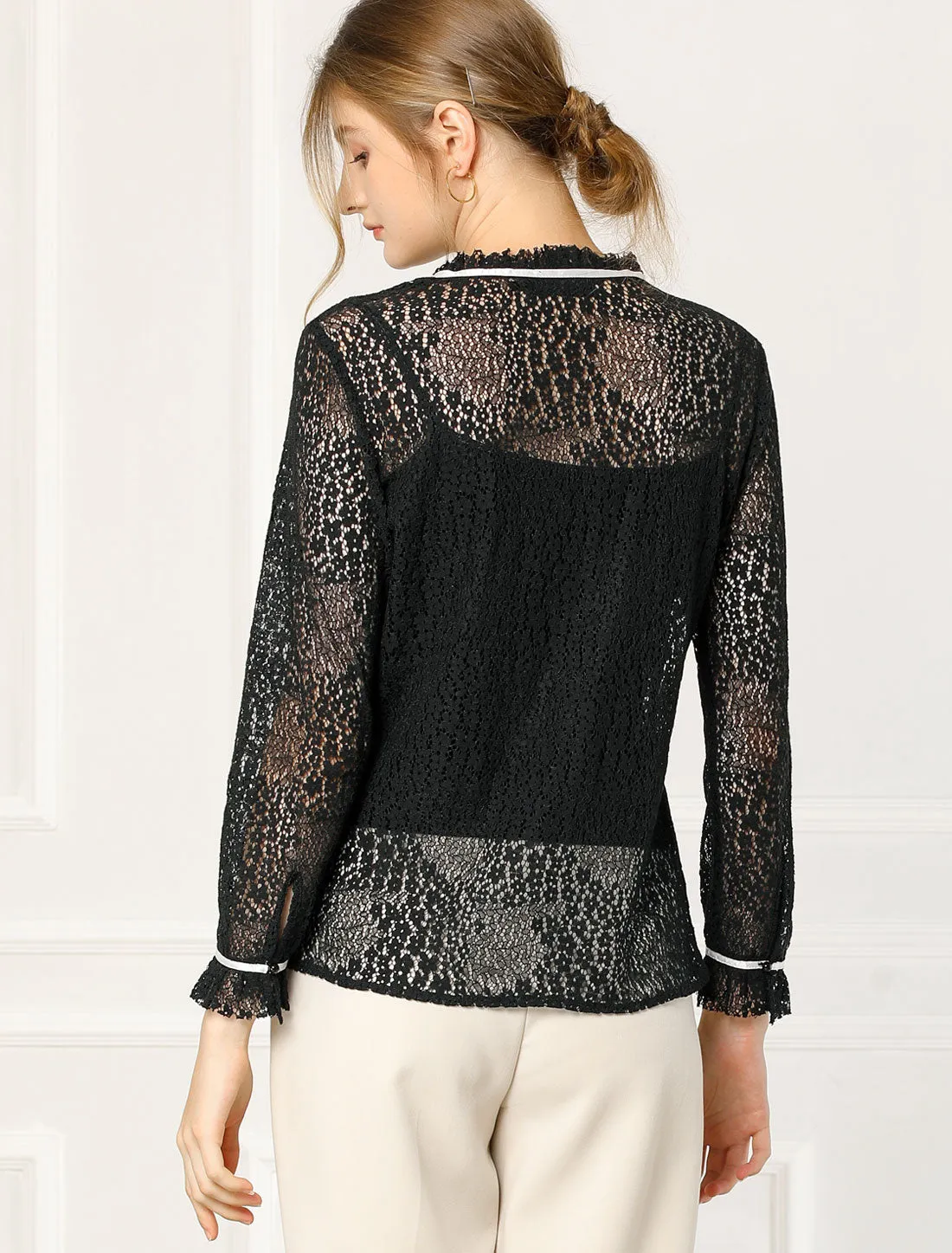 Lace Floral Semi Sheer Long Sleeve Button Down Business Blouse sold by Allegra K product image thumbnail 5