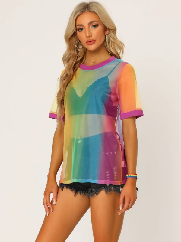 Mesh See Through Short Sleeve Cover Up Sheer T-Shirt sold by Allegra K