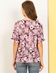 Ruffle Short Sleeve Button Front Floral Blouse Tops sold by Allegra K