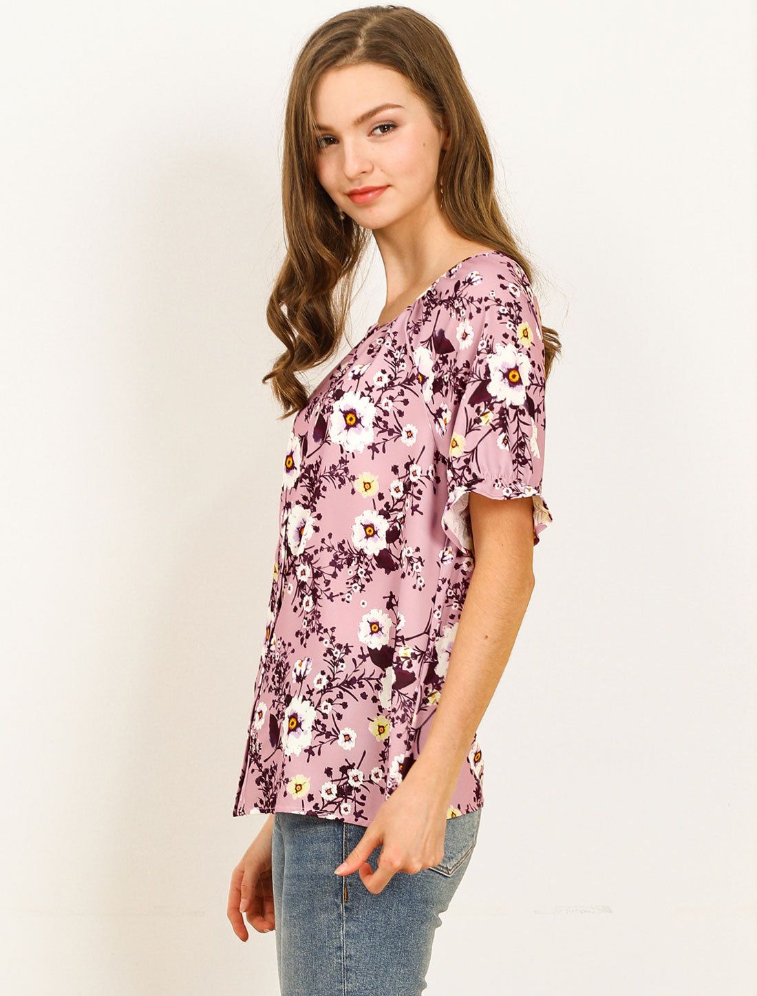 Ruffle Short Sleeve Button Front Floral Blouse Tops sold by Allegra K product image thumbnail 3