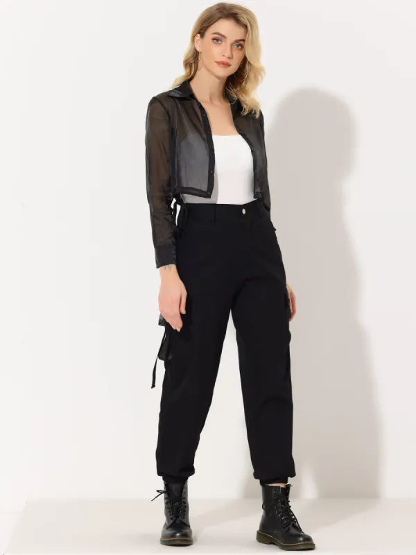 See Through Long Sleeve Drawstring Hem Button Cropped Mesh Jacket sold by Allegra K