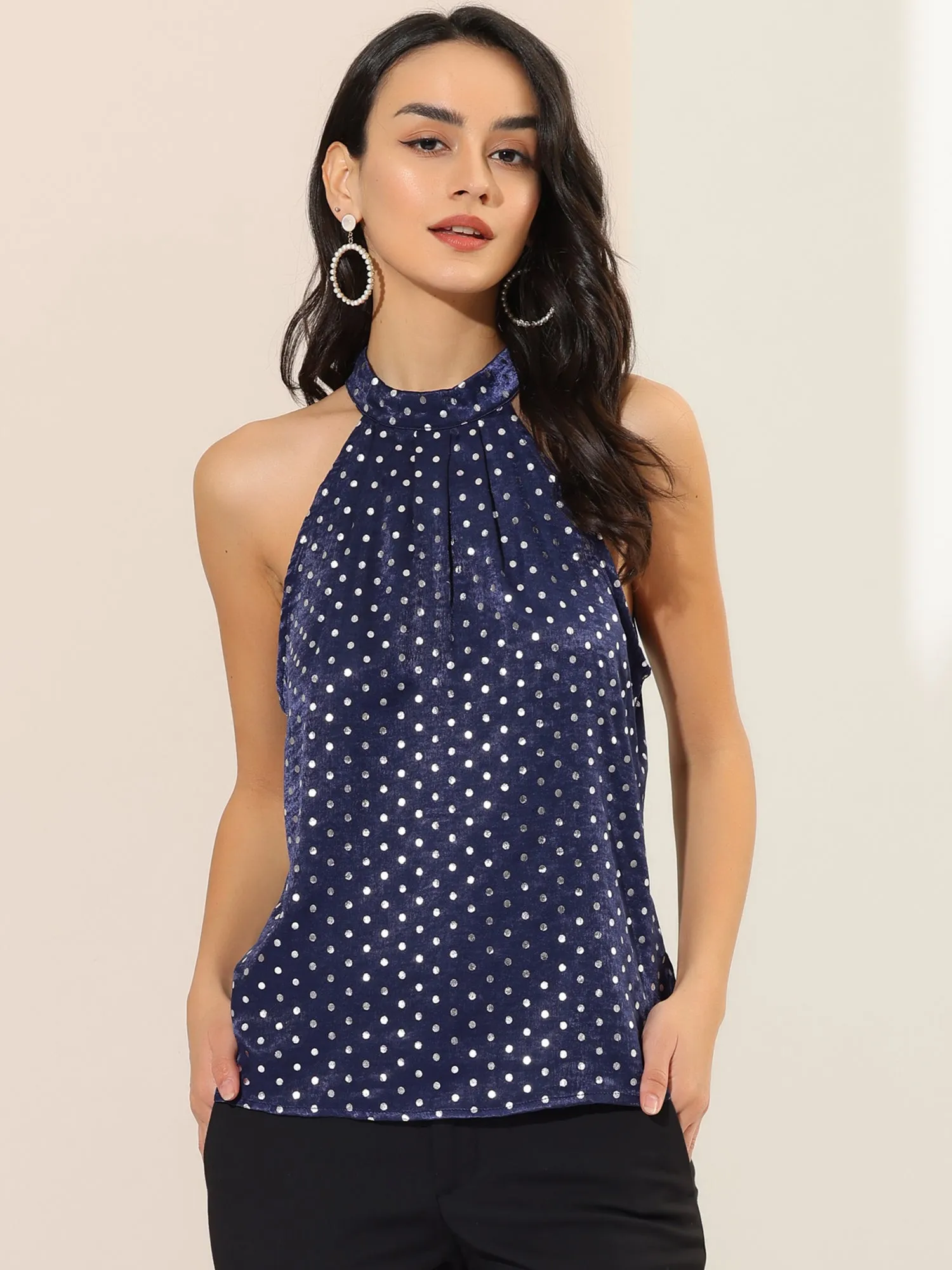 Satin Polka Dots Top Elegant Sleeveless Summer Halter Neck Blouse sold by Allegra K product image thumbnail 2