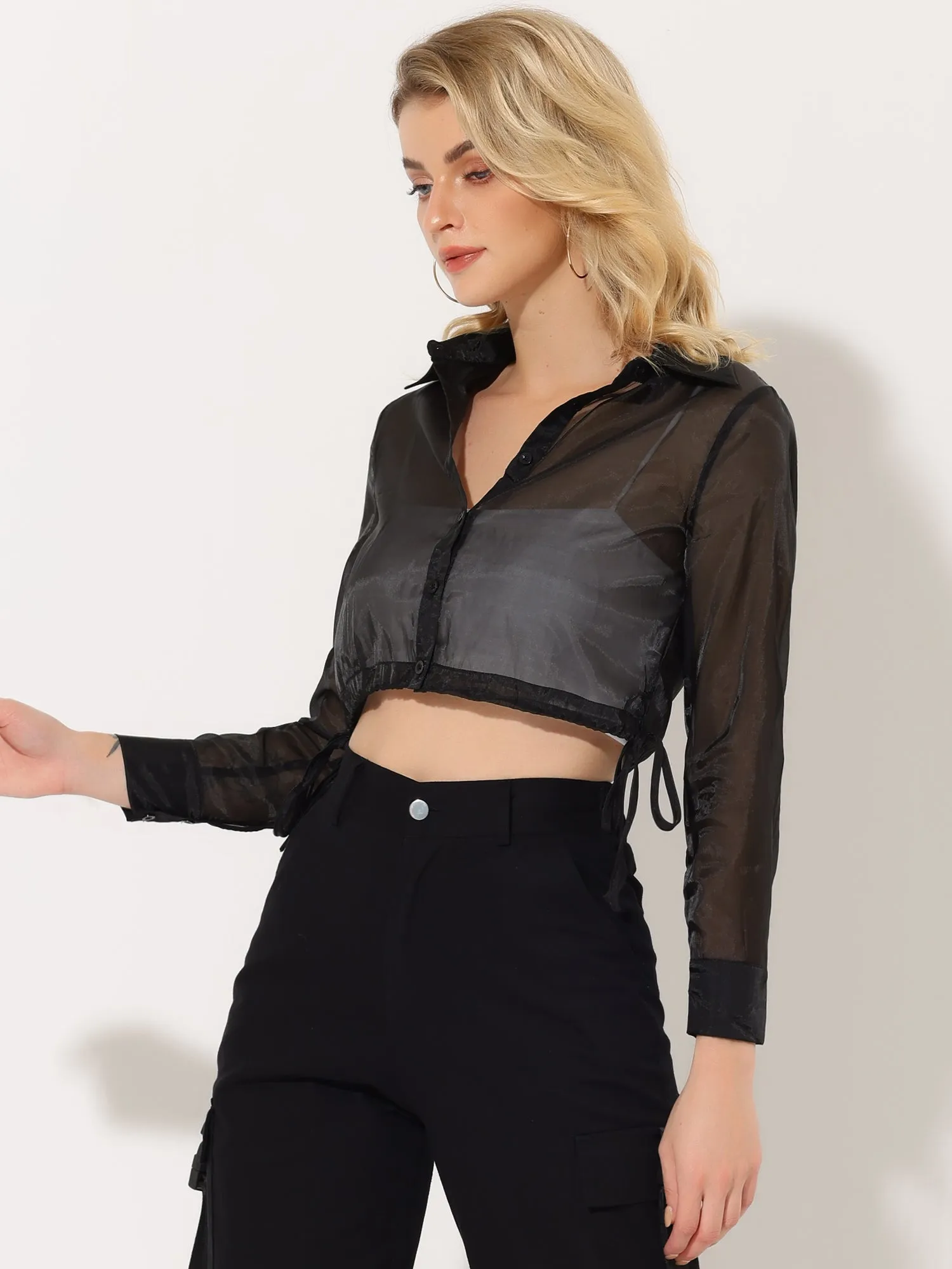See Through Long Sleeve Drawstring Hem Button Cropped Mesh Jacket sold by Allegra K product image thumbnail 2