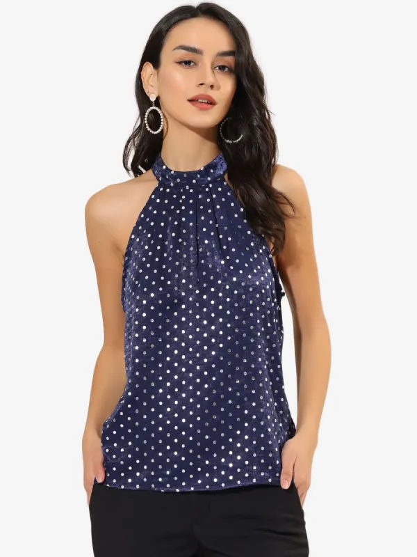 Satin Polka Dots Top Elegant Sleeveless Summer Halter Neck Blouse sold by Allegra K