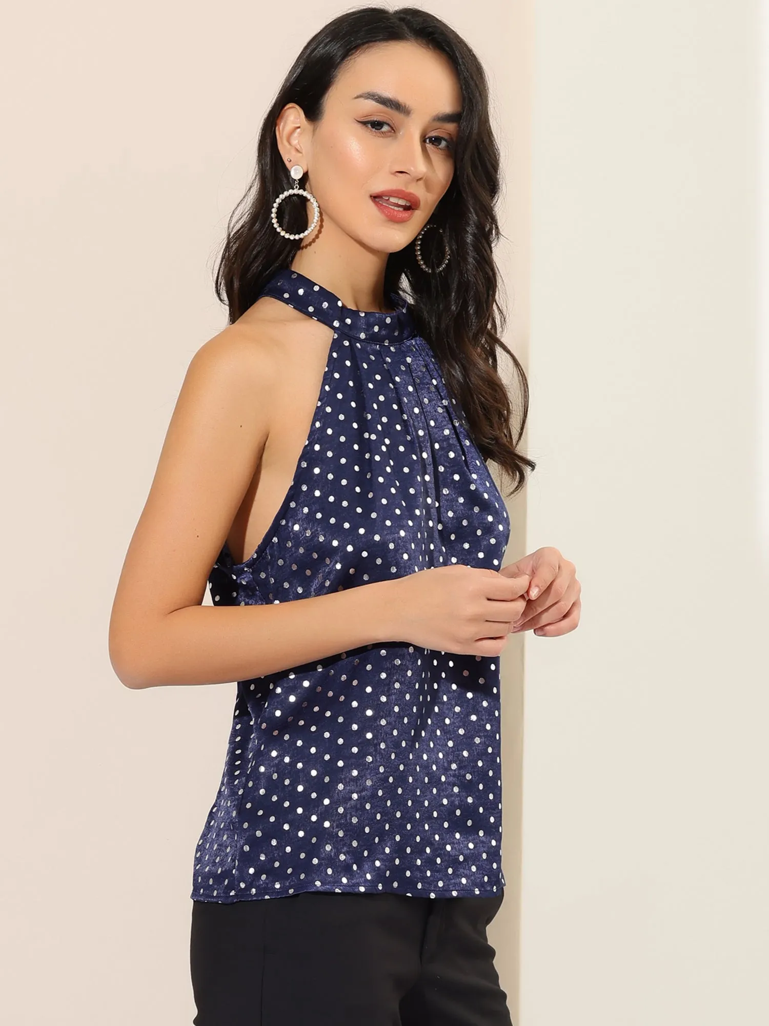 Satin Polka Dots Top Elegant Sleeveless Summer Halter Neck Blouse sold by Allegra K product image thumbnail 4