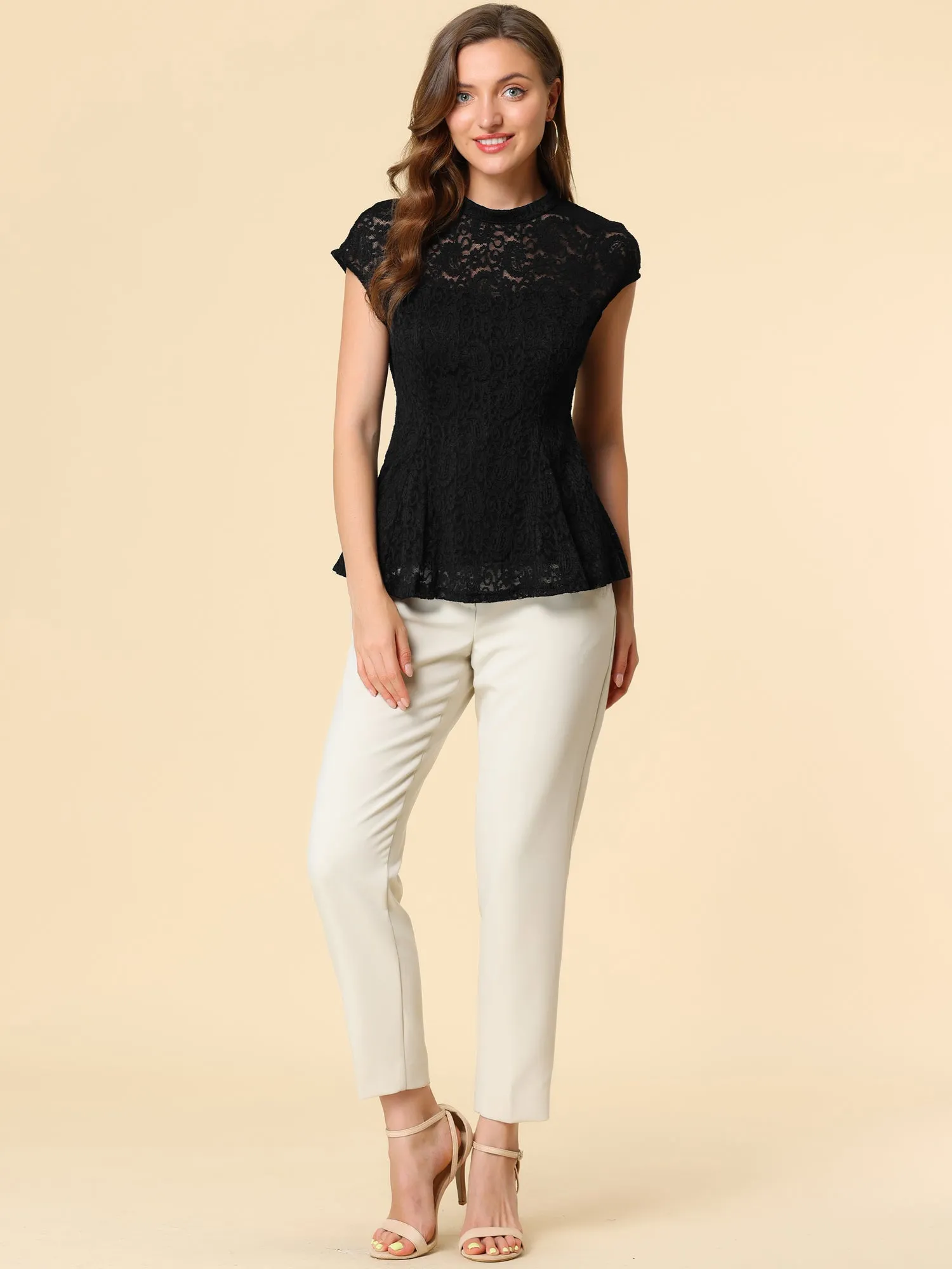 Crochet Peplum Floral Mock Neck Cap Sleeve Lace Blouse sold by Allegra K product image thumbnail 3