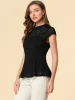 Crochet Peplum Floral Mock Neck Cap Sleeve Lace Blouse sold by Allegra K