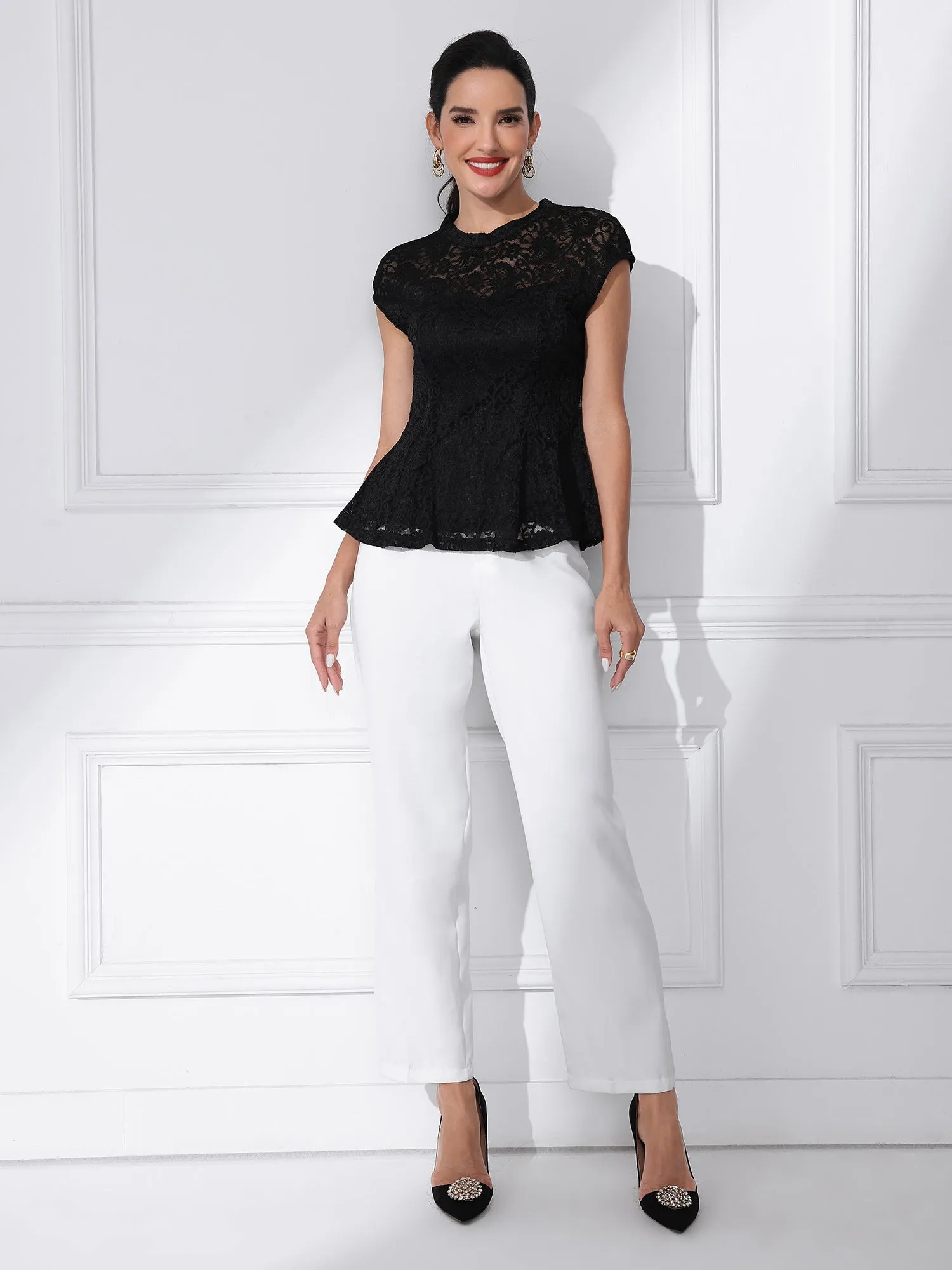 Crochet Peplum Floral Mock Neck Cap Sleeve Lace Blouse sold by Allegra K product image thumbnail 2