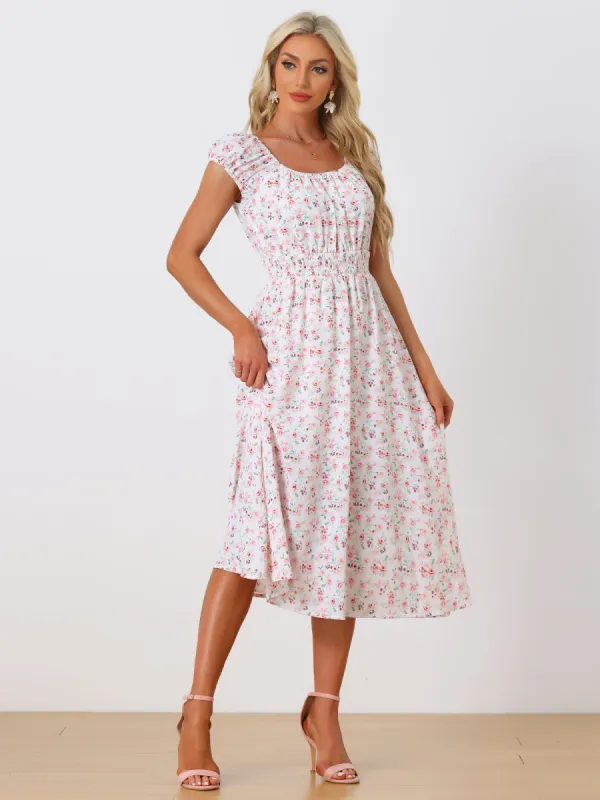Floral Square Neck Elastic Waist Flare Midi Dress sold by Allegra K