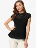 Crochet Peplum Floral Mock Neck Cap Sleeve Lace Blouse sold by Allegra K