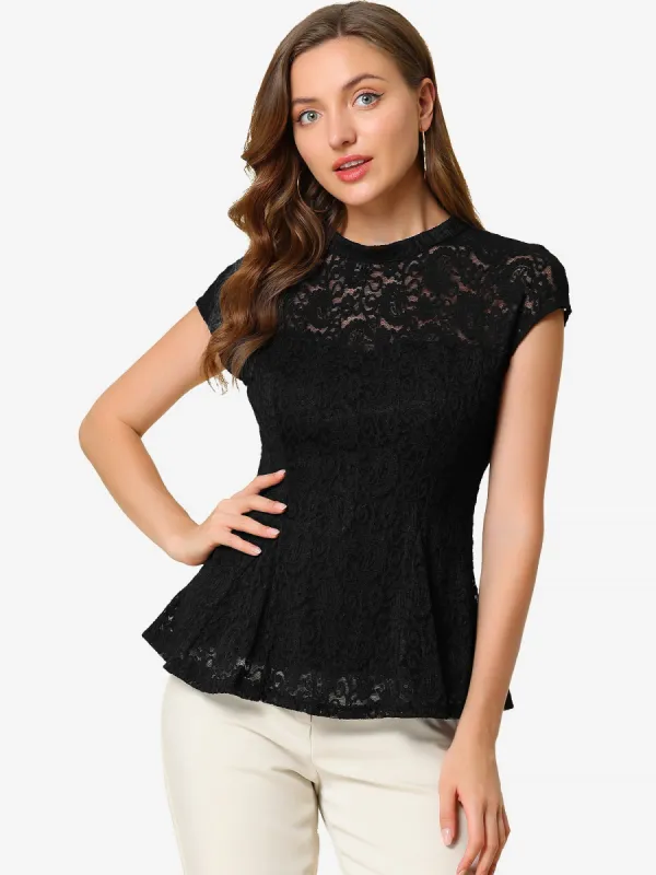 Crochet Peplum Floral Mock Neck Cap Sleeve Lace Blouse sold by Allegra K