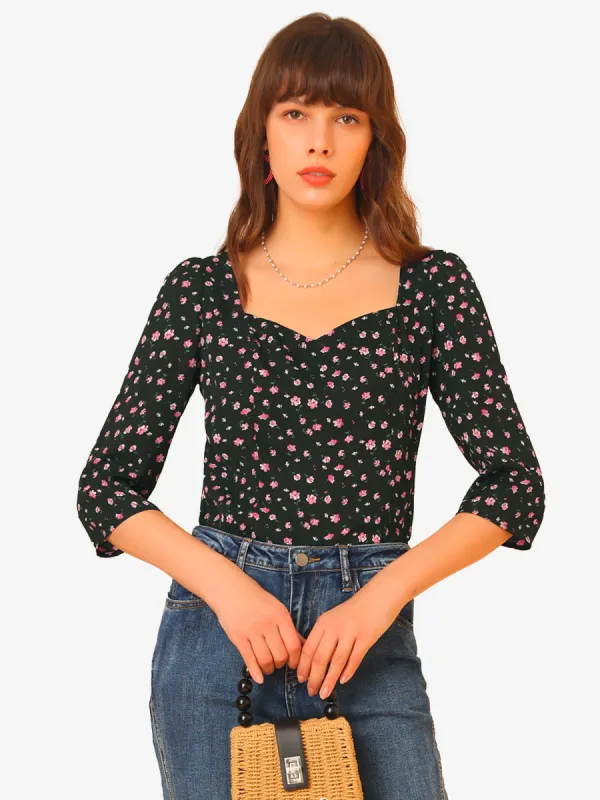 Vintage Floral Blouse Sweetheart Neck 3/4 Sleeve 1950s Top sold by Allegra K