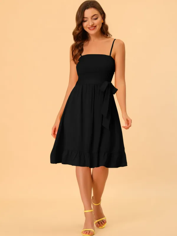 Boho Smocked Spaghetti Strap Tie Waist Ruffle Beach Cami Dress Sundress sold by Allegra K