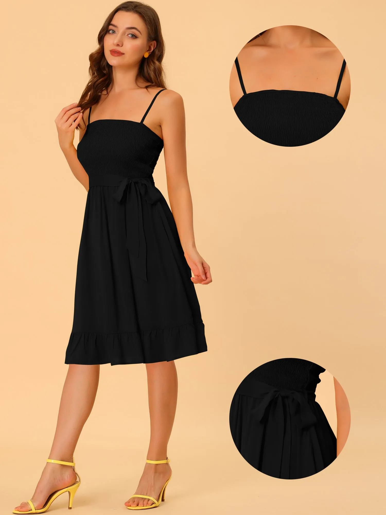 Boho Smocked Spaghetti Strap Tie Waist Ruffle Beach Cami Dress Sundress sold by Allegra K product image thumbnail 2