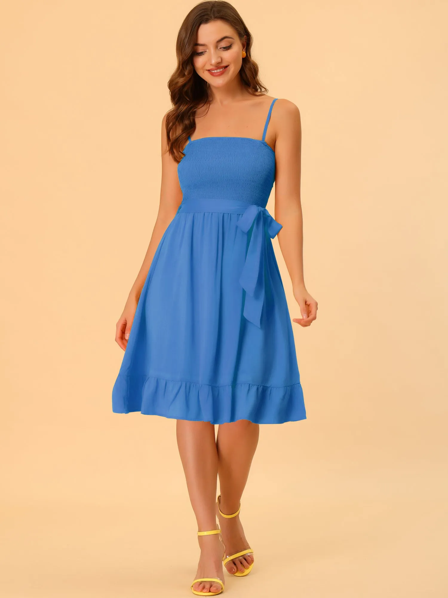 Boho Smocked Spaghetti Strap Tie Waist Ruffle Beach Cami Dress Sundress sold by Allegra K product image thumbnail 5