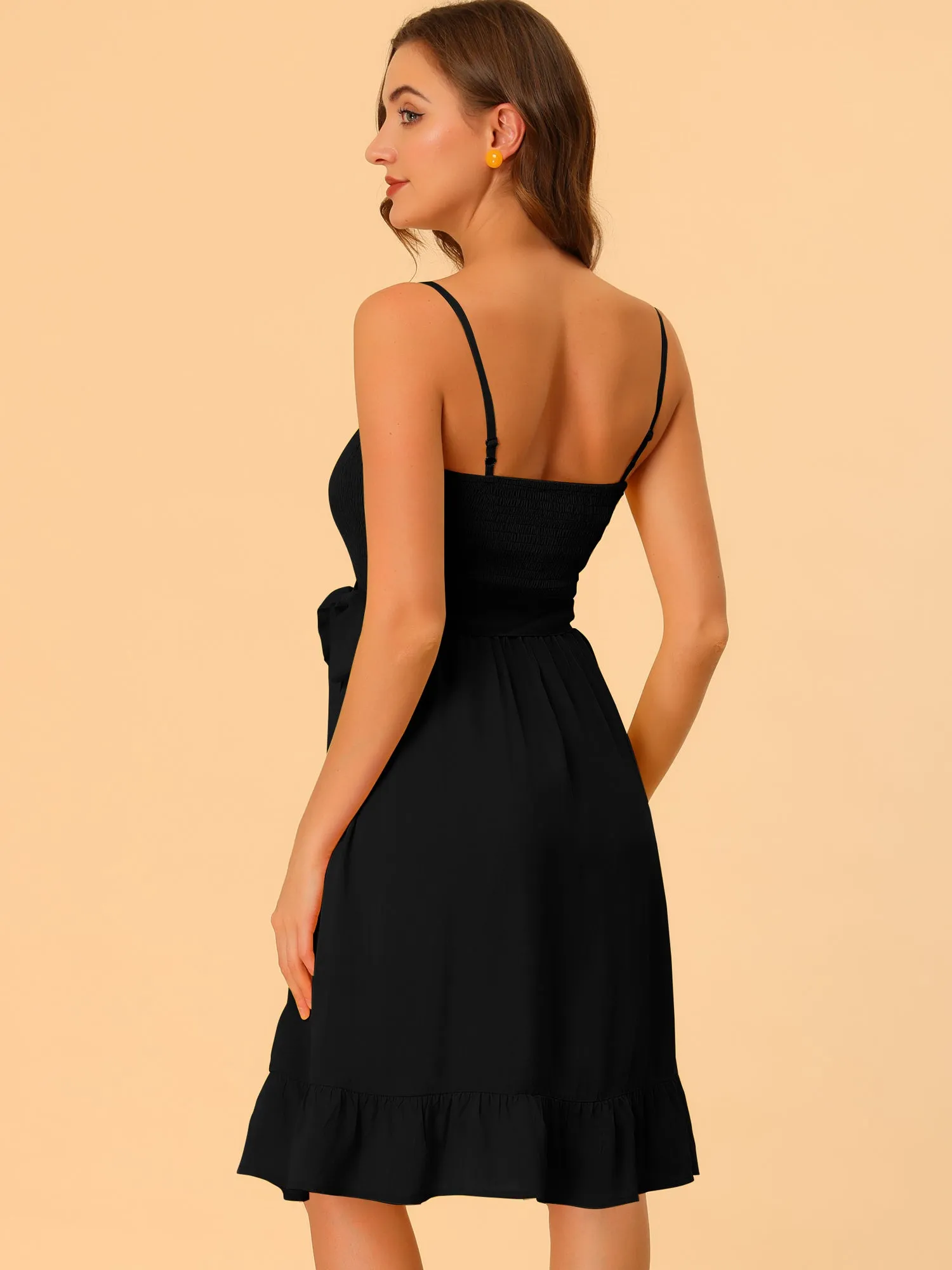 Boho Smocked Spaghetti Strap Tie Waist Ruffle Beach Cami Dress Sundress sold by Allegra K product image thumbnail 3