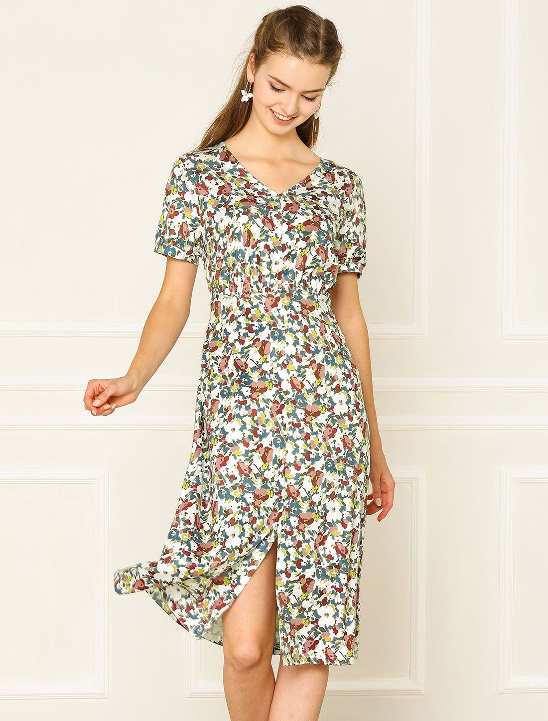 Floral V Neck Short Sleeve High Waisted Slit Midi Dress sold by Allegra K