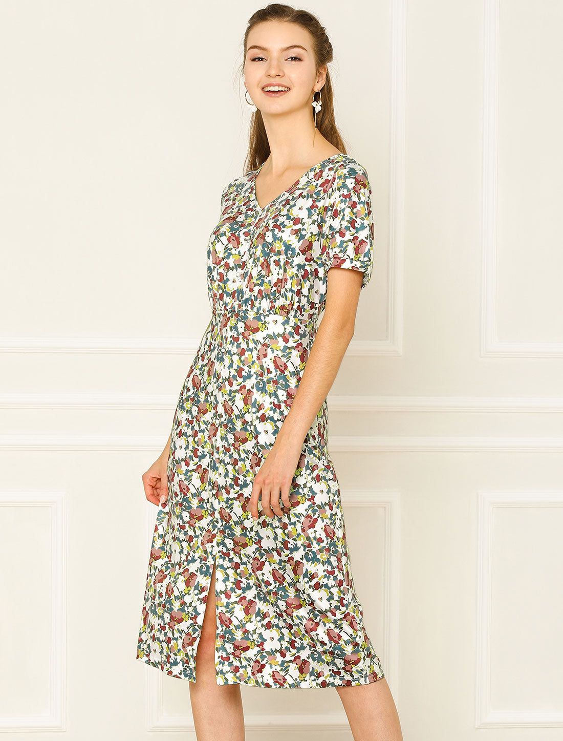 Floral V Neck Short Sleeve High Waisted Slit Midi Dress sold by Allegra K product image thumbnail 2