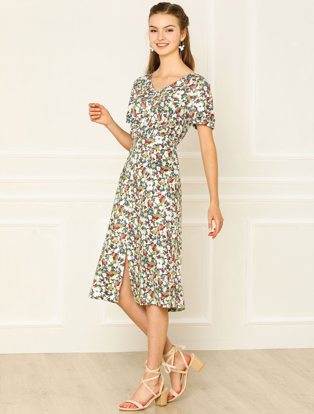 Floral V Neck Short Sleeve High Waisted Slit Midi Dress sold by Allegra K product image thumbnail 4