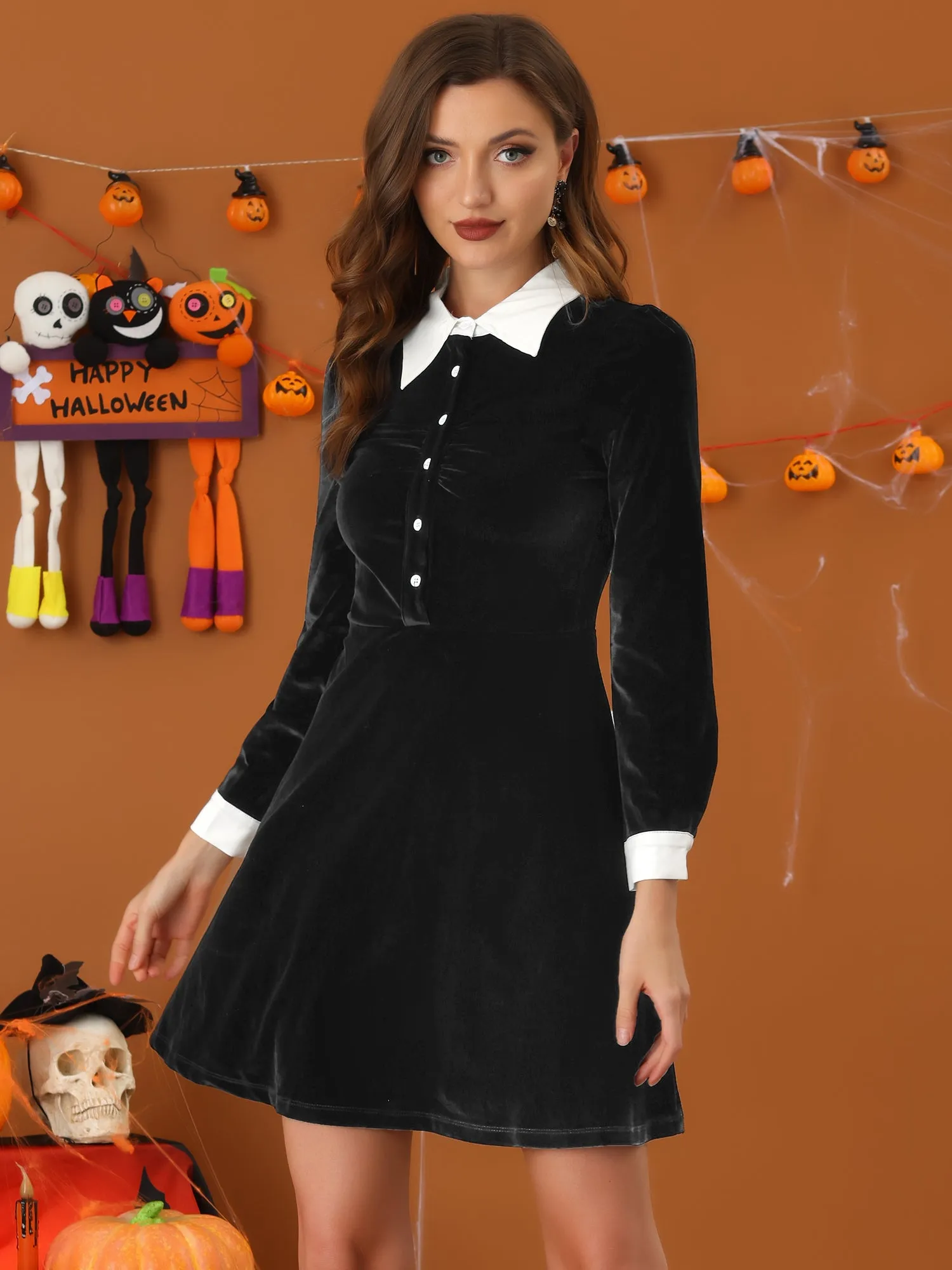 Contrast Collar A-Line Party Long Sleeve Vintage Velvet Dress sold by Allegra K product image thumbnail 2