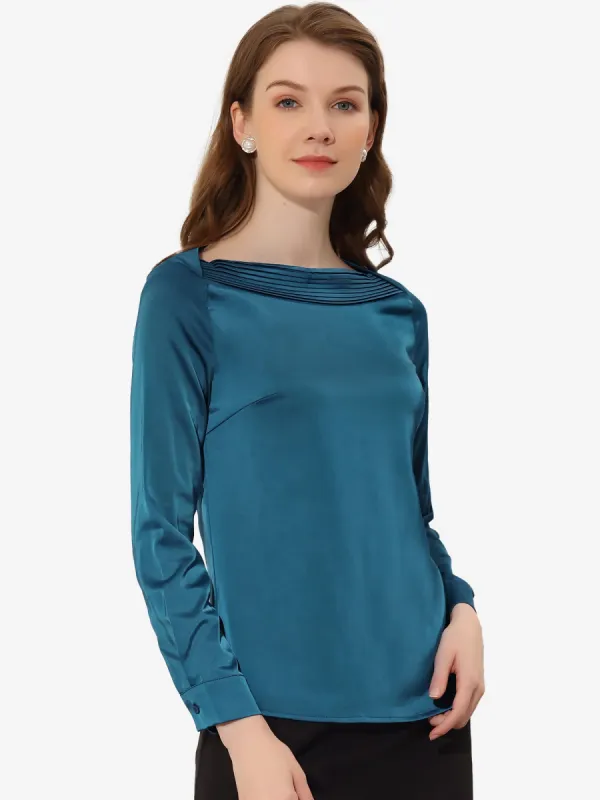 Elegant Satin Long Sleeve Vintage Boat Neck Work Blouse sold by Allegra K