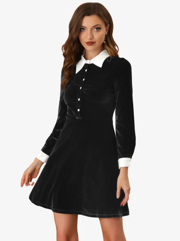 Contrast Collar A-Line Party Long Sleeve Vintage Velvet Dress sold by Allegra K