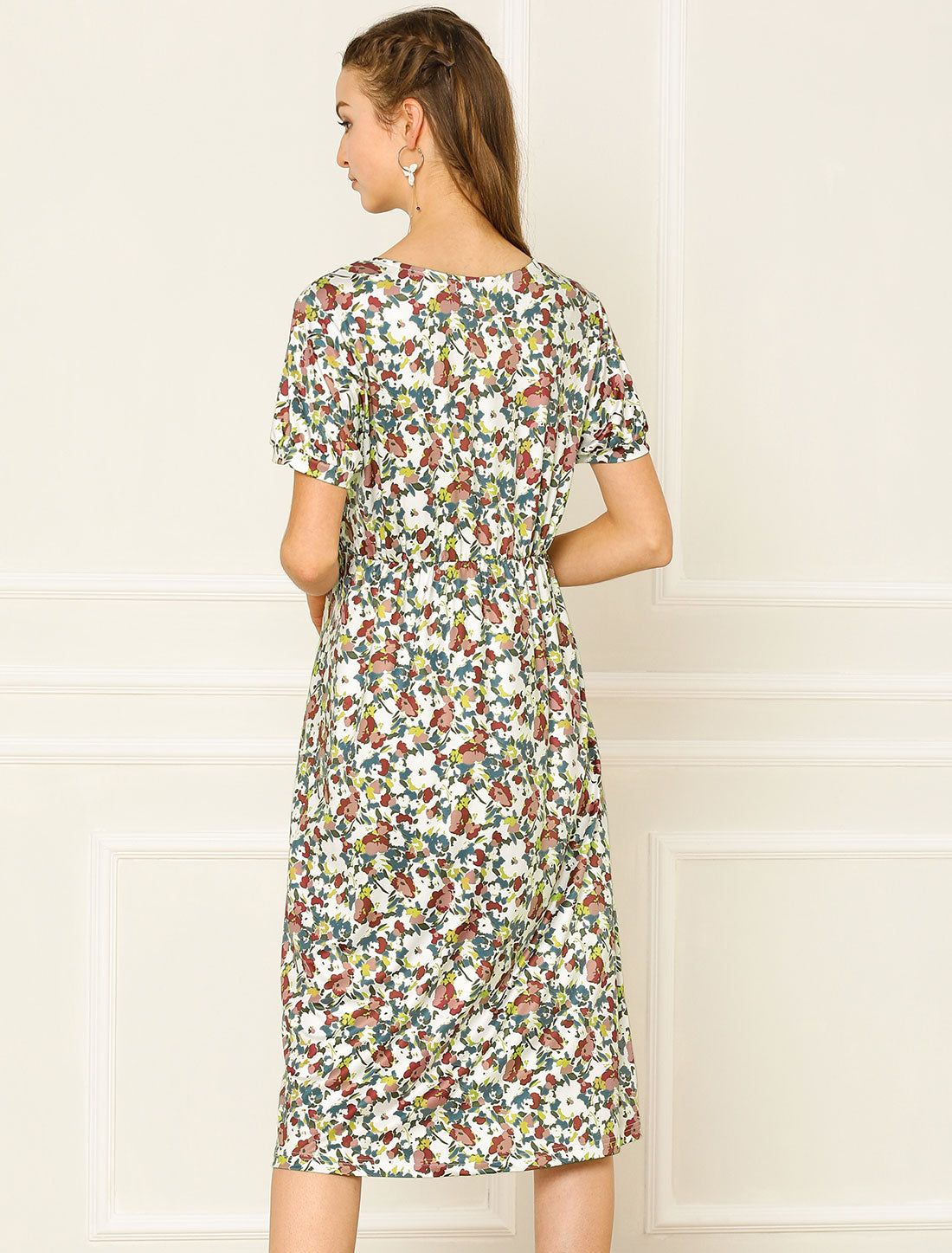 Floral V Neck Short Sleeve High Waisted Slit Midi Dress sold by Allegra K product image thumbnail 5