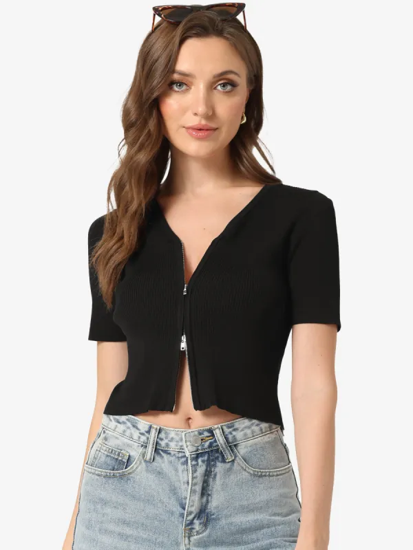 Ribbed Knit Top V Neck Short Sleeve Zip Front Crop Tops sold by Allegra K