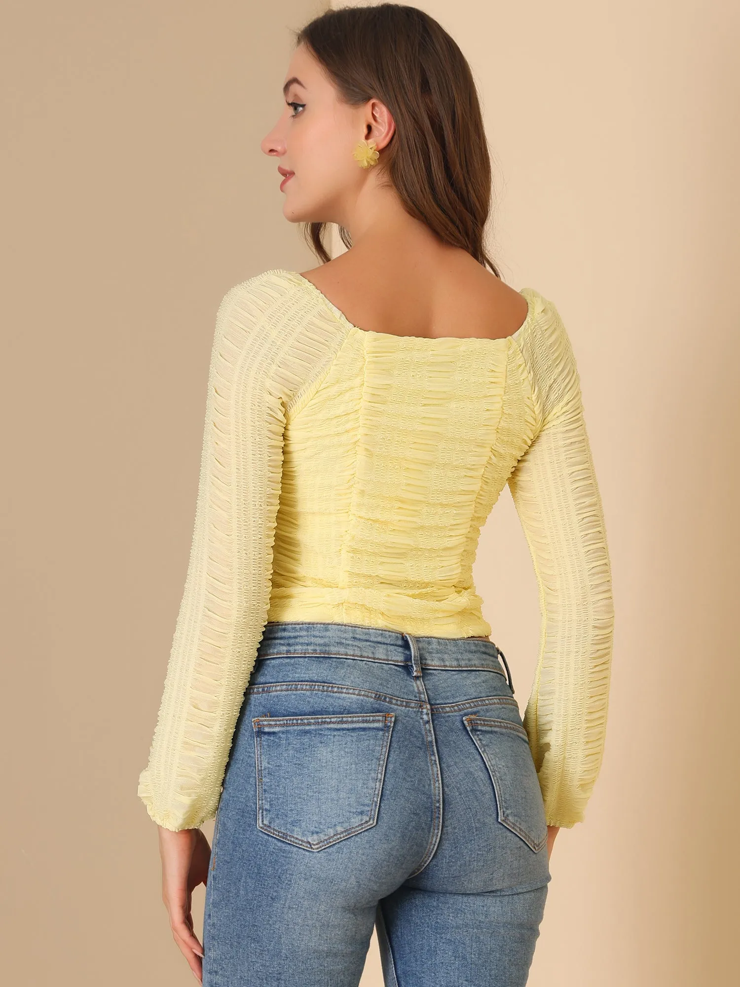 Square Neck Ruched Pleated Front Long Sleeve Crop Blouse sold by Allegra K product image thumbnail 5