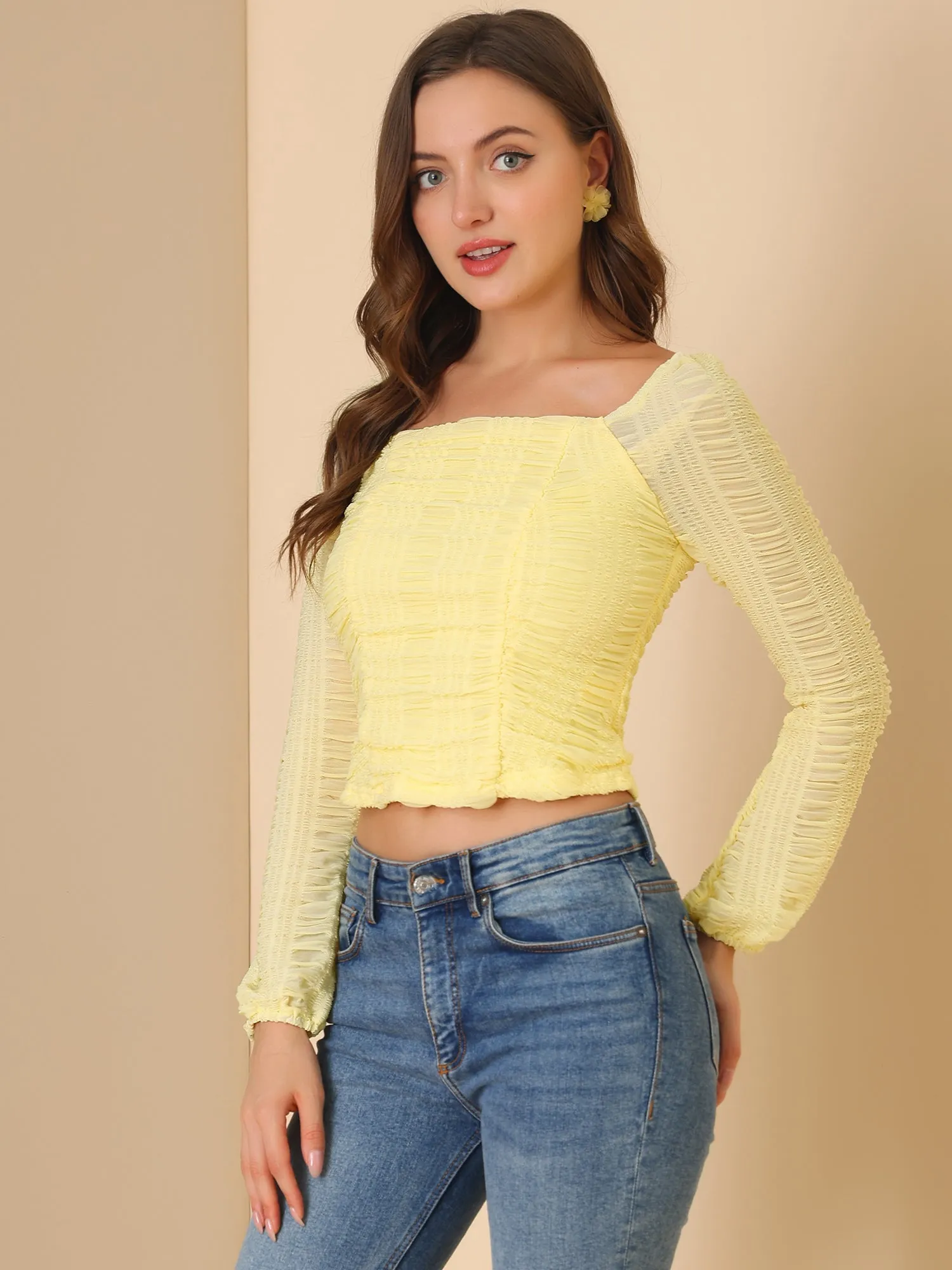 Square Neck Ruched Pleated Front Long Sleeve Crop Blouse sold by Allegra K product image thumbnail 2