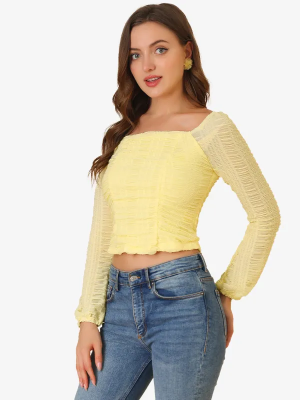 Square Neck Ruched Pleated Front Long Sleeve Crop Blouse sold by Allegra K