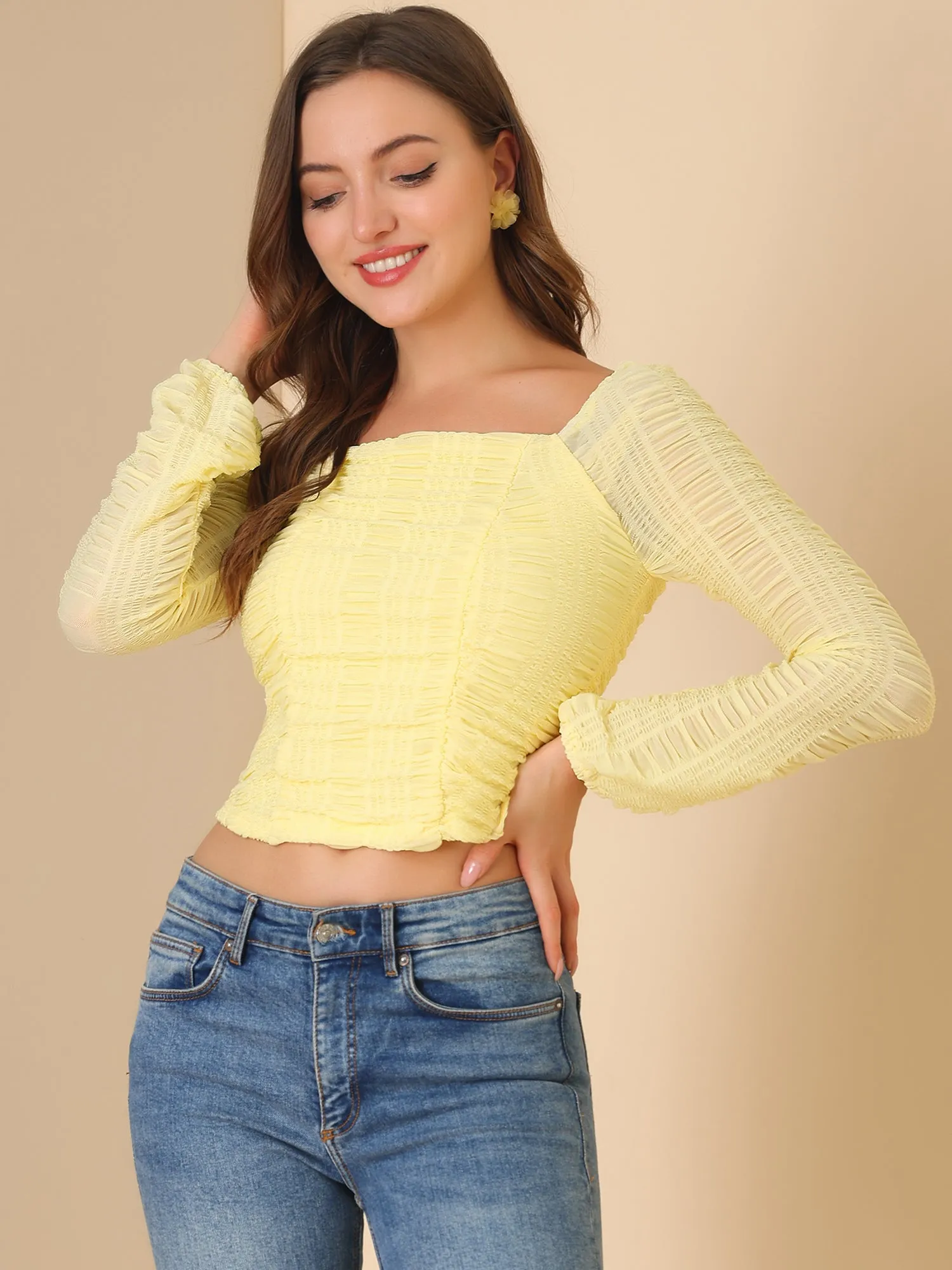 Square Neck Ruched Pleated Front Long Sleeve Crop Blouse sold by Allegra K product image thumbnail 3
