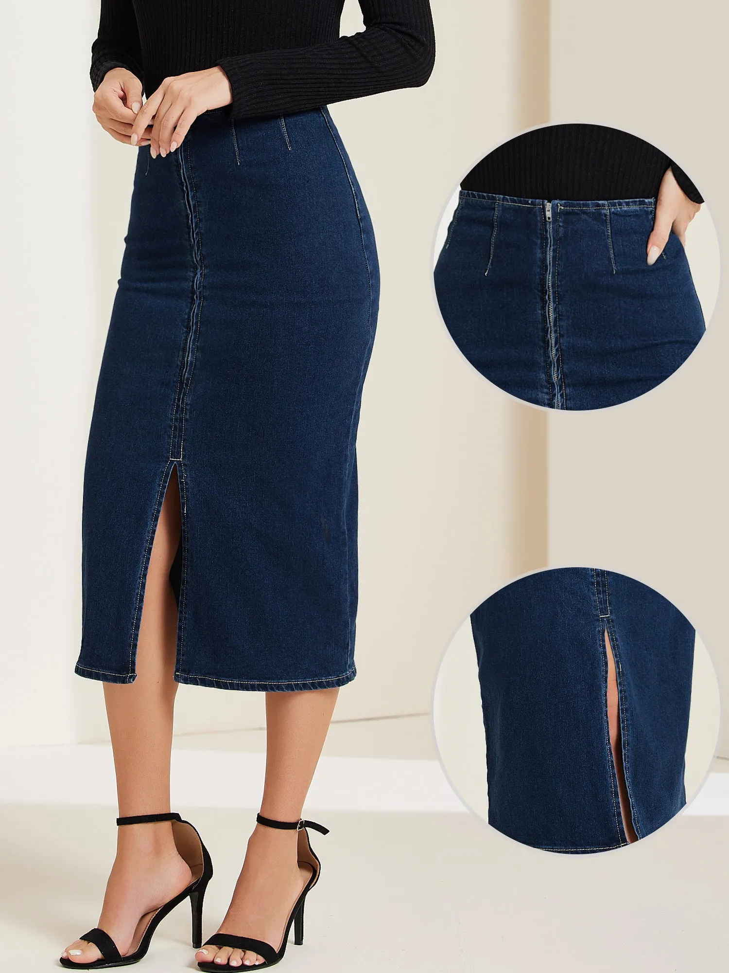 Denim Front Slit Zipper High Waist Bodycon Midi Jean Skirt sold by Allegra K product image thumbnail 2