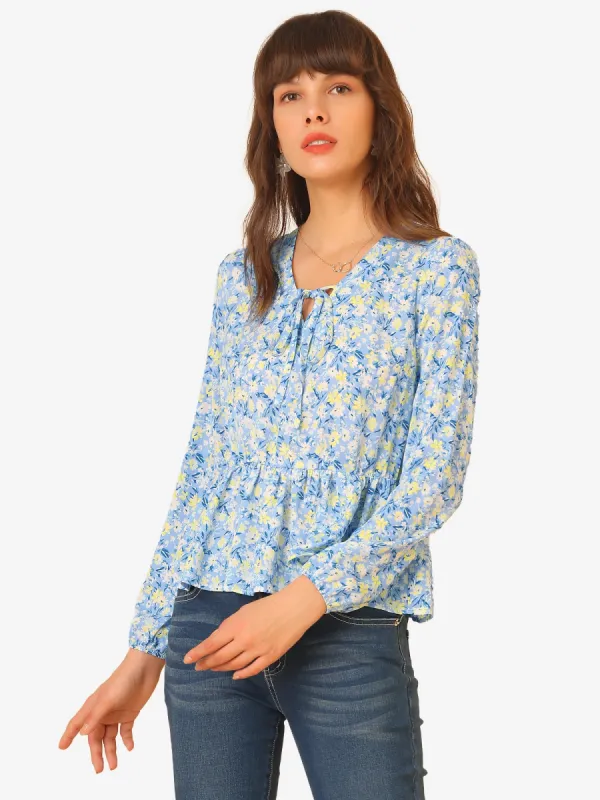 Floral V Neck Casual Blouse Ruffled Hem Self Tie Chiffon Peplum Top sold by Allegra K