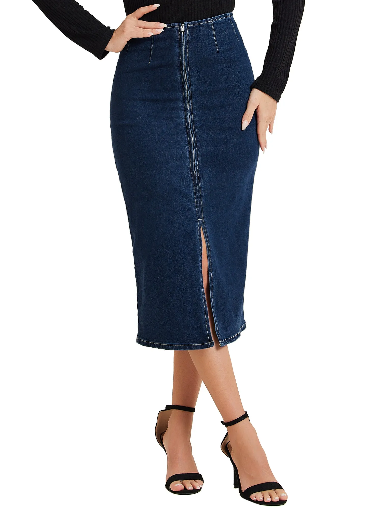 Denim Front Slit Zipper High Waist Bodycon Midi Jean Skirt sold by Allegra K product image thumbnail 4
