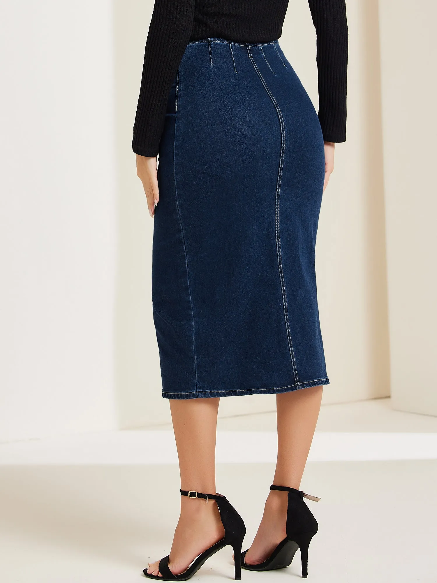 Denim Front Slit Zipper High Waist Bodycon Midi Jean Skirt sold by Allegra K product image thumbnail 3