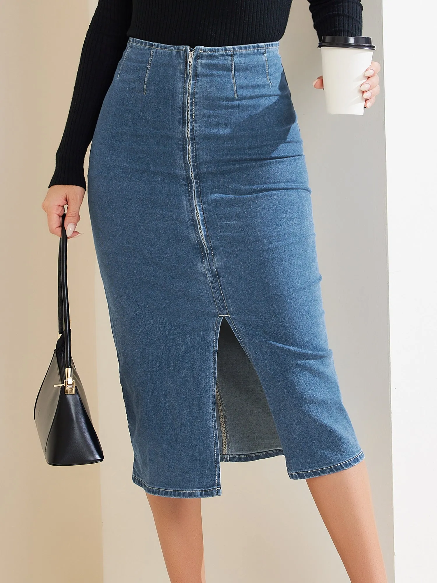Denim Front Slit Zipper High Waist Bodycon Midi Jean Skirt sold by Allegra K product image thumbnail 5