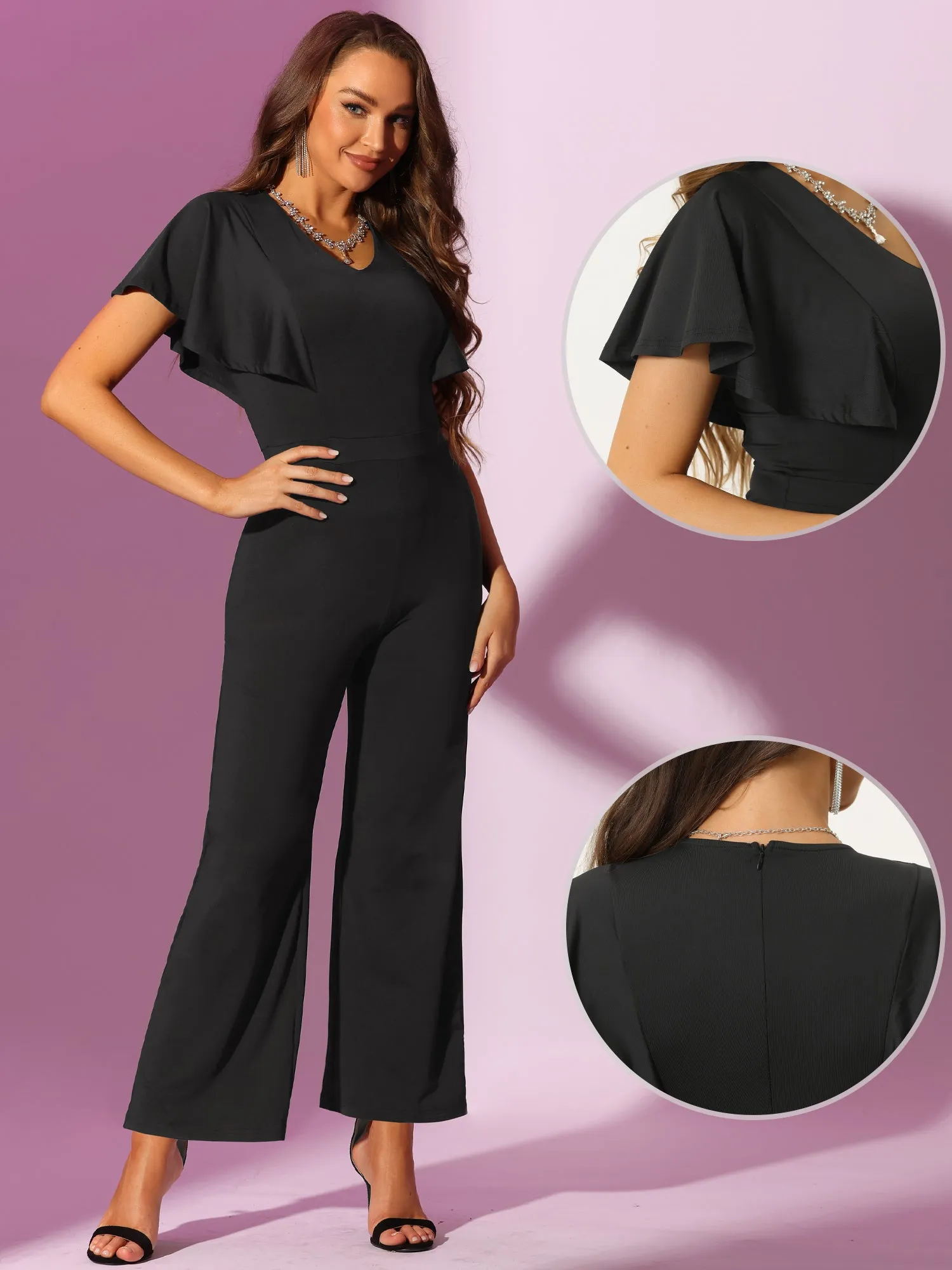 V Neck High Waist Flare Sleeves Casual Dressy Wide Leg Jumpsuits sold by Allegra K product image thumbnail 2