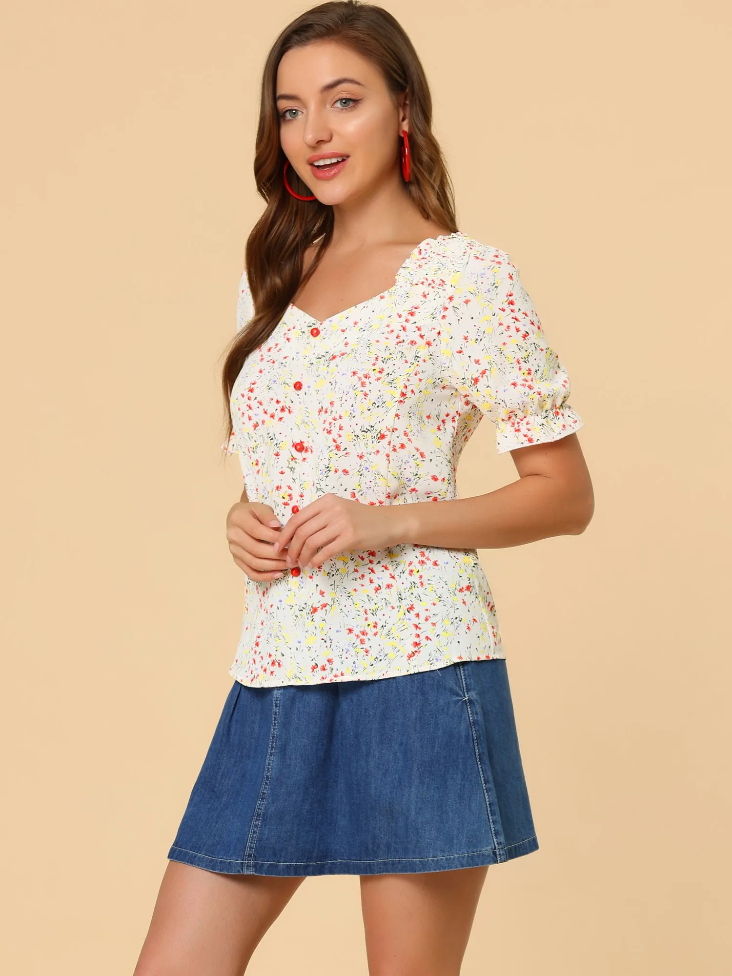 Floral Print Blouse Sweetheart Neck Short Sleeve Slim Fit Summer Tops sold by Allegra K product image thumbnail 4